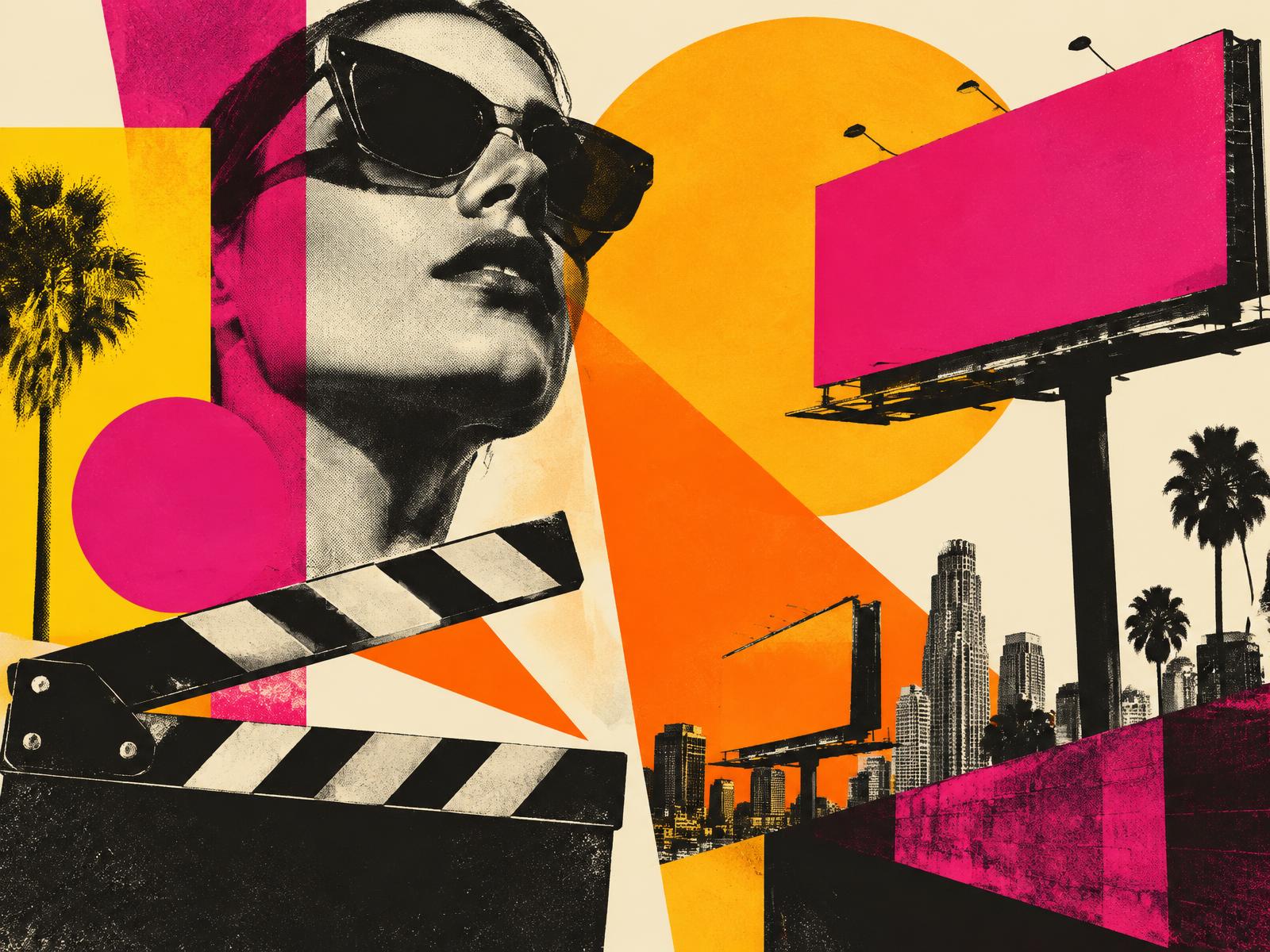Graphic collage of billboards, film clapperboard and bold colour blocks representing Sunanda's advertising work
